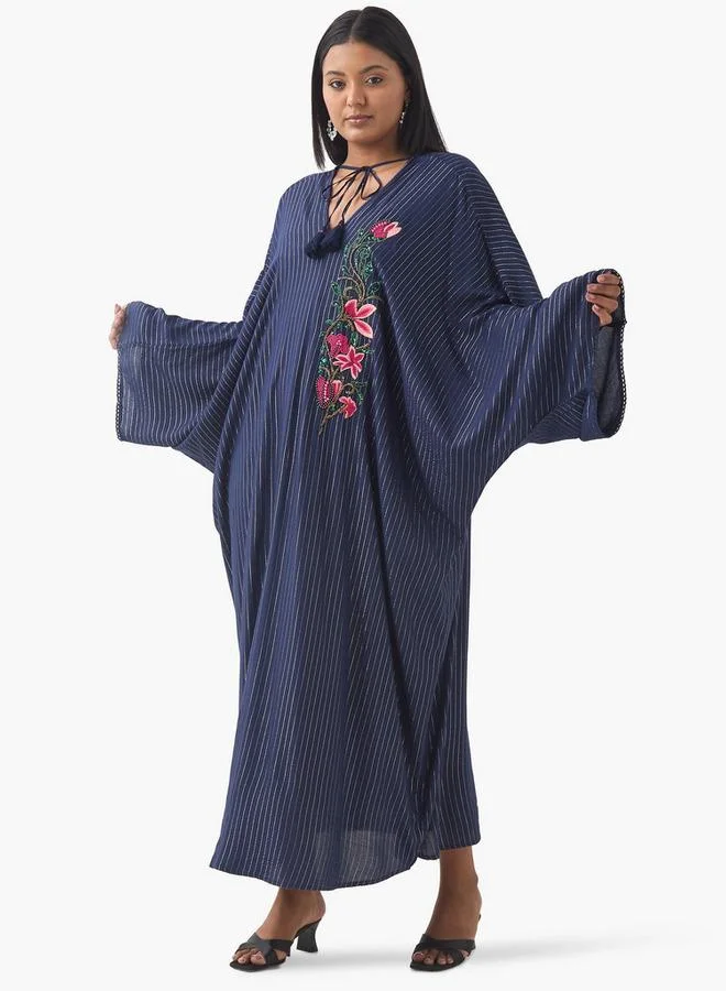 Ulla Popken Plus Size Ulla Popken Floral Embellished Kaftan Dress with Tie-Up Neck