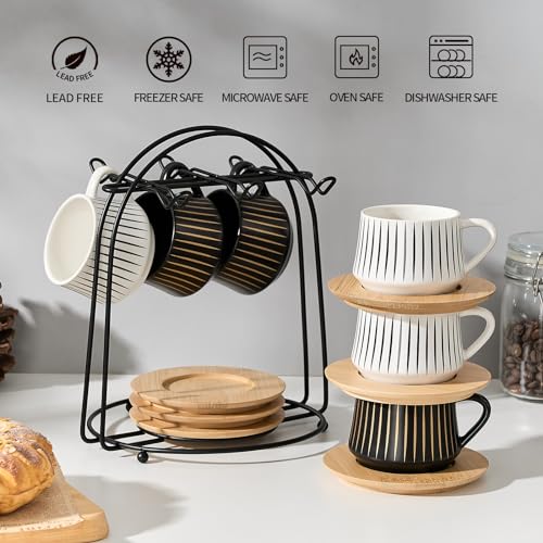 LUKA Ceramic Coffee Espresso Cups with Saucers Set with Metal Holder, 4 oz Porcelain Demitasse Cups For Espresso, Latte, Coffee, Cafe Mocha, Tea, Set of 6, Stripe White & Black - Image 4