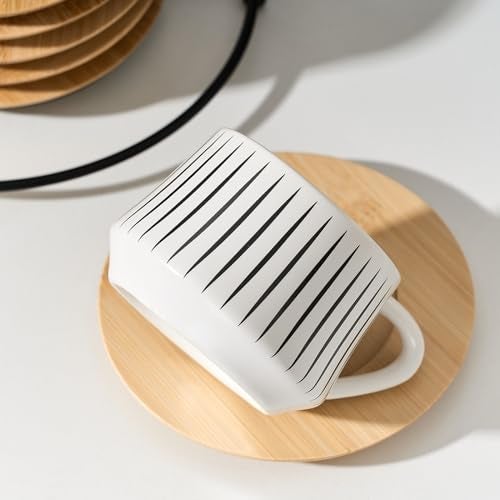 LUKA Ceramic Coffee Espresso Cups with Saucers Set with Metal Holder, 4 oz Porcelain Demitasse Cups For Espresso, Latte, Coffee, Cafe Mocha, Tea, Set of 6, Stripe White & Black - Image 3