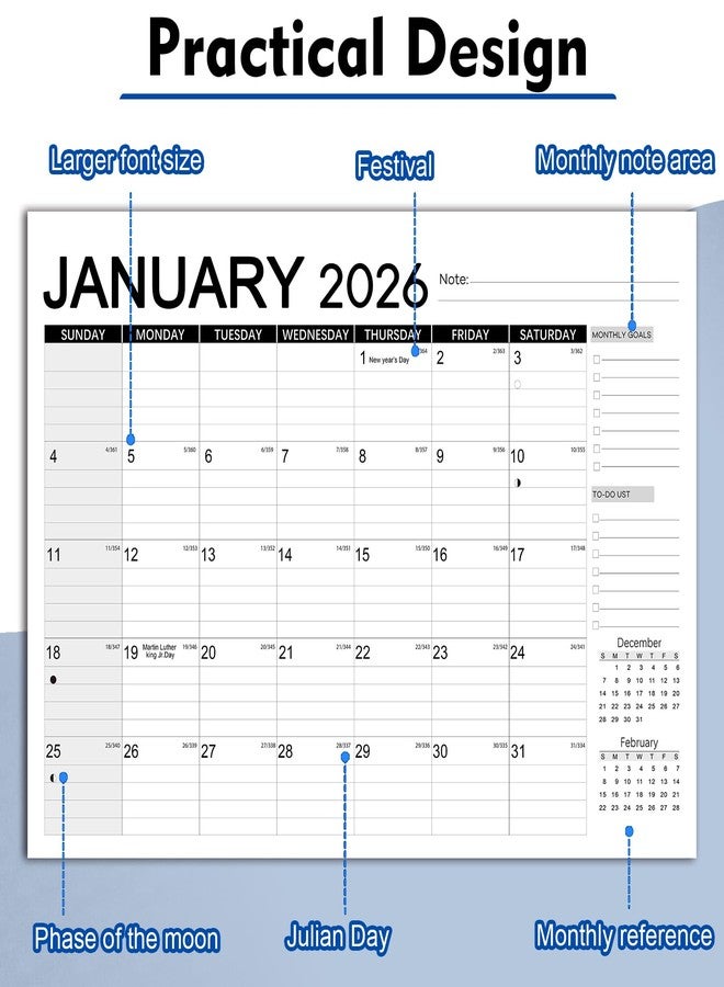 Aeccn Calendar 2026, Anti Ink Bleed, Durable Thick Paper, Large days Blocks, Wall Calendar 18 Months with Stickers, 17" x 12" Large Simple Style 2026 Calendars for Home, Office, Teacher Supplies- Simple - Image 3