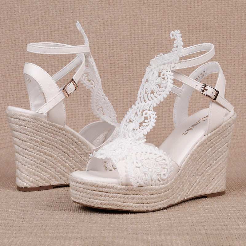 MiLanolce Women's Platform Sandals Wedge Open Toe Ankle Strap lace Wedding Shoes Bridesmaid Shoes,White,Size-6.5 - Image 4