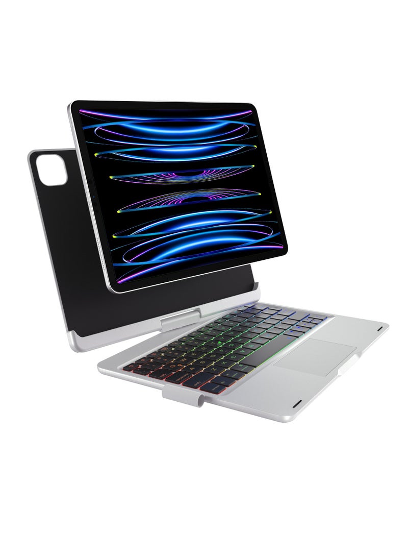 ارواق لوحة مفاتيح دوارة مغناطيسية للأجهزة اللوحية، حافظة لوحة مفاتيح قابلة للدوران 360 درجة لأجهزة iPad، حافظة ذكية مغناطيسية مع لوحة مفاتيح لوحة تتبع، (قطعة واحدة، فضي وأسود) - Image 1