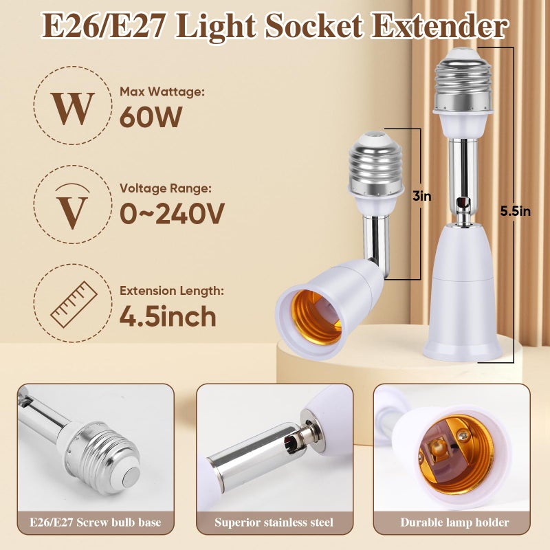 MIKWOAB 3 Pack Light Socket Extender, E26/E27 4.5 Inch Light Socket Extension, Vertical 180Â°Horizontal 350Â° Adjustable Medium Screw Base Light Bulb Extension Socket - Image 4