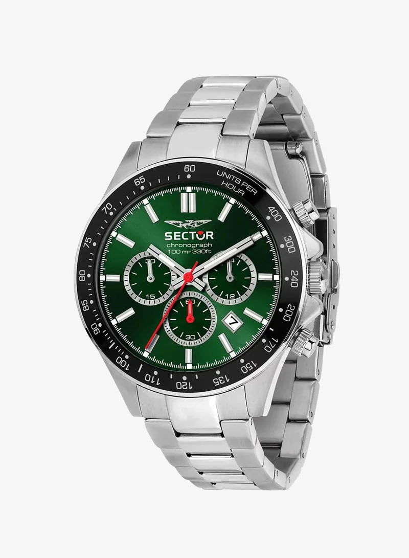 Sector 230 Collection Men's Chronograph Analog Watch - Green Dial, 43mm Metal Case, Silver Stainless Steel Bracelet, Quartz, 100M Water Resistant - R3273661048