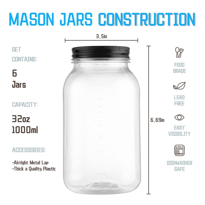 novelinks 32 oz Clear Plastic Jars with Lids, 6 Pack Large Plastic Mason Jars with Lids 32oz, Reusable Quart Containers for Kitchen Organization (6 Pack,Black) - Image 2