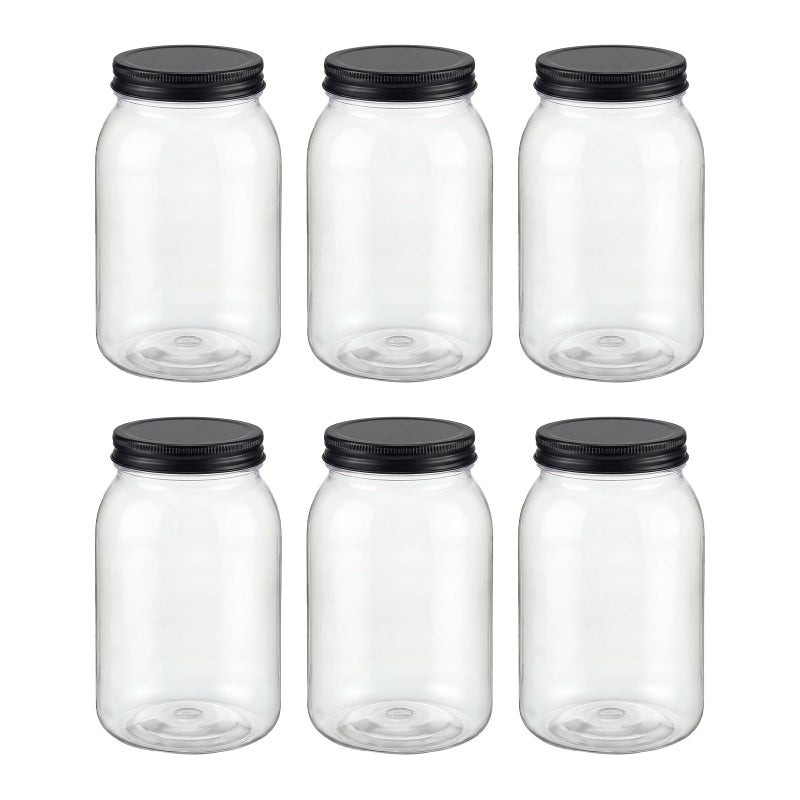 novelinks 32 oz Clear Plastic Jars with Lids, 6 Pack Large Plastic Mason Jars with Lids 32oz, Reusable Quart Containers for Kitchen Organization (6 Pack,Black) - Image 1