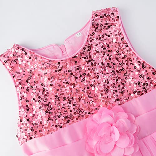 JerrisApparel Little Girls' Sequin Mesh Flower Ball Gown Party Dress Tulle Prom (7, Pink) - Image 3