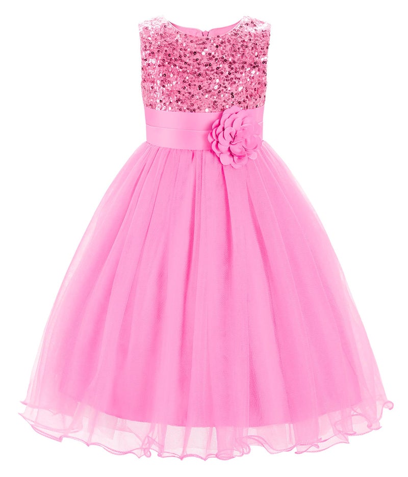 JerrisApparel Little Girls' Sequin Mesh Flower Ball Gown Party Dress Tulle Prom (7, Pink) - Image 1