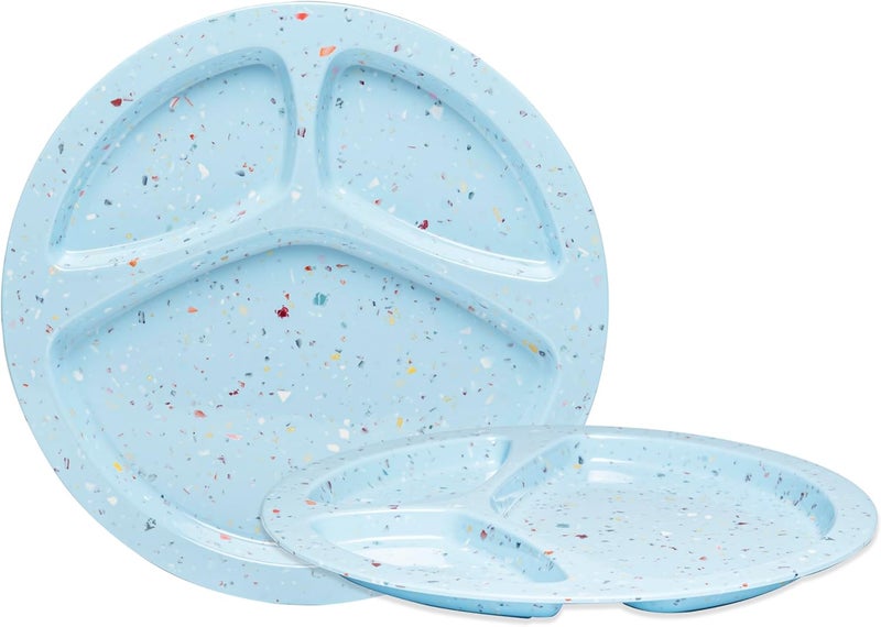 bzyoo 11Inch Divided Plate Set of 2  Confetti Blue 100 Melamine Portion Control Plate for Adults Kids Unbreakable Dishwasher Safe for Camping BBQ - Image 1