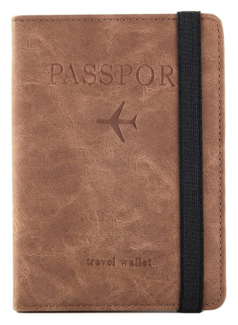 Passport Travel Holder Cover Case with Elastic Strap, PU Leather RFID Blocking Document Organizer Protector,for Credit & ID Cards, Boarding Passes (Brown) - Image 1