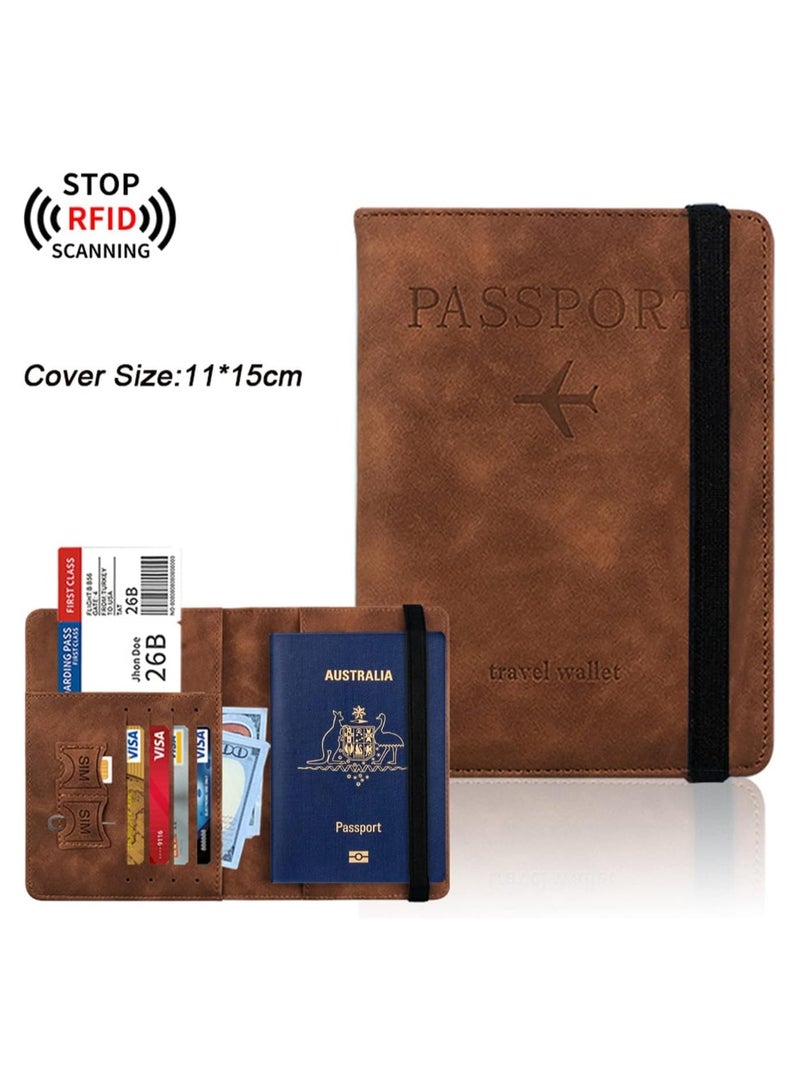 Passport Travel Holder Cover Case with Elastic Strap, PU Leather RFID Blocking Document Organizer Protector,for Credit & ID Cards, Boarding Passes (Brown) - Image 2