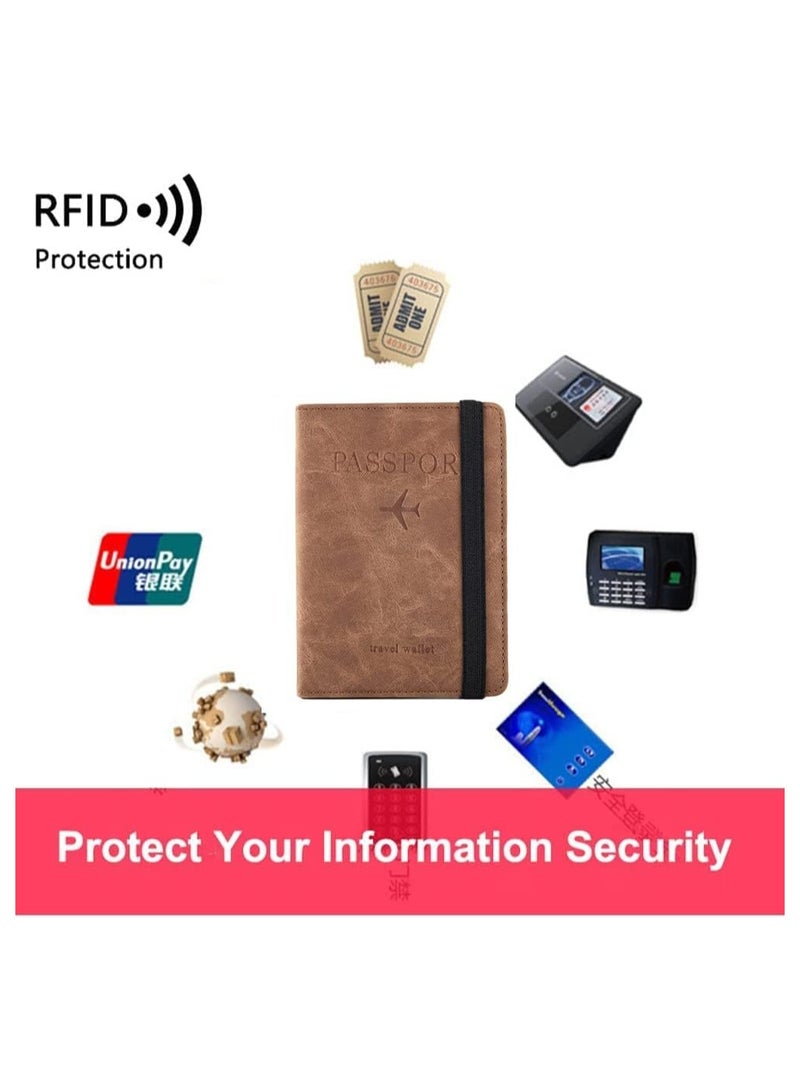 Passport Travel Holder Cover Case with Elastic Strap, PU Leather RFID Blocking Document Organizer Protector,for Credit & ID Cards, Boarding Passes (Brown) - Image 3