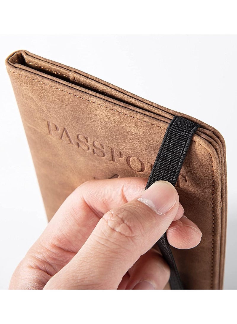 Passport Travel Holder Cover Case with Elastic Strap, PU Leather RFID Blocking Document Organizer Protector,for Credit & ID Cards, Boarding Passes (Brown) - Image 5