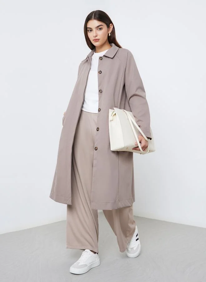 Styli Beige Oversized Button-Front Trench Coat