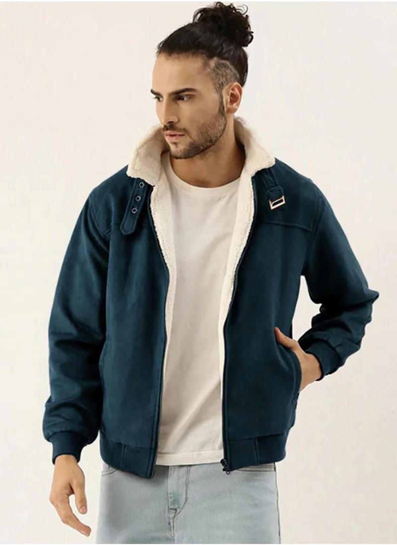 Campus Sutra Men's Saltbox Blue Fur-Lined Suede Bomber Jacket
