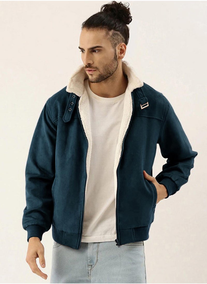 Campus Sutra Men's Saltbox Blue Fur-Lined Suede Bomber Jacket  - Image 2