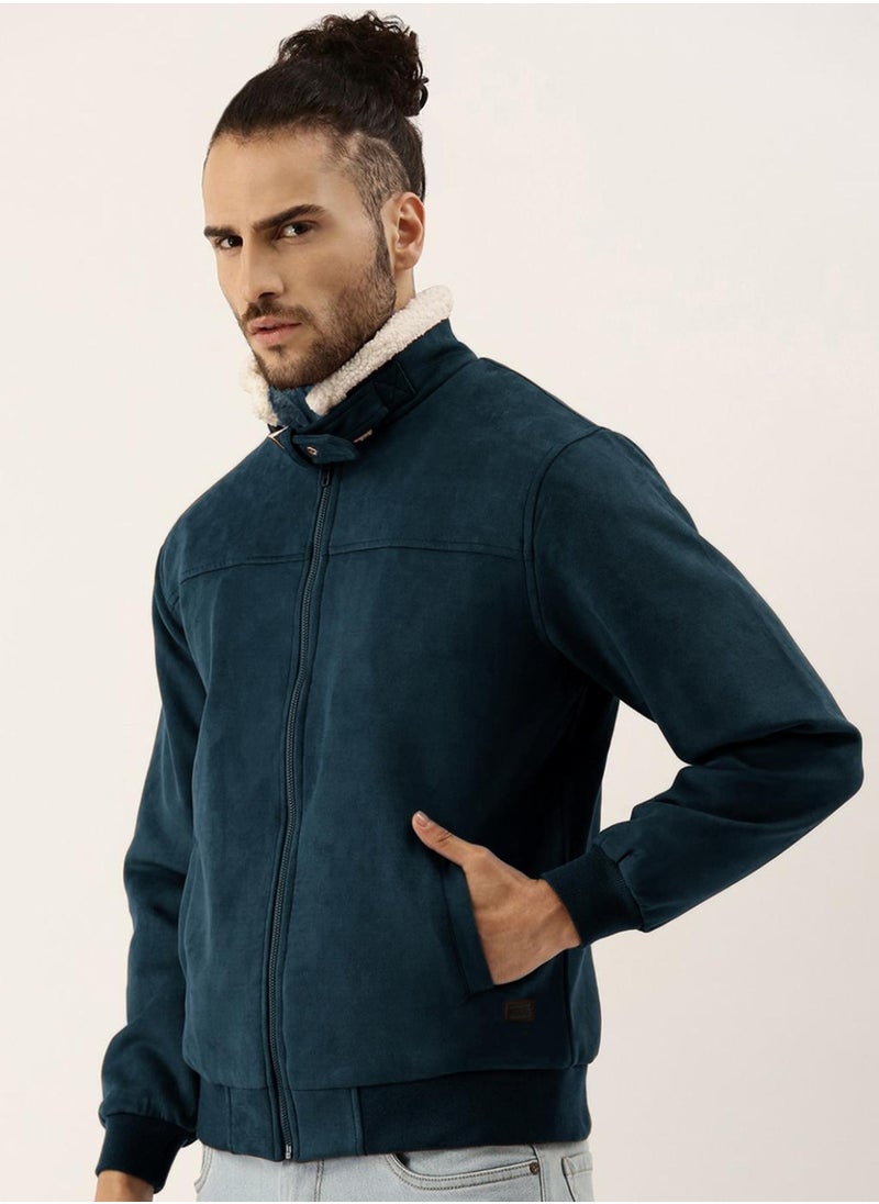 Campus Sutra Men's Saltbox Blue Fur-Lined Suede Bomber Jacket  - Image 3
