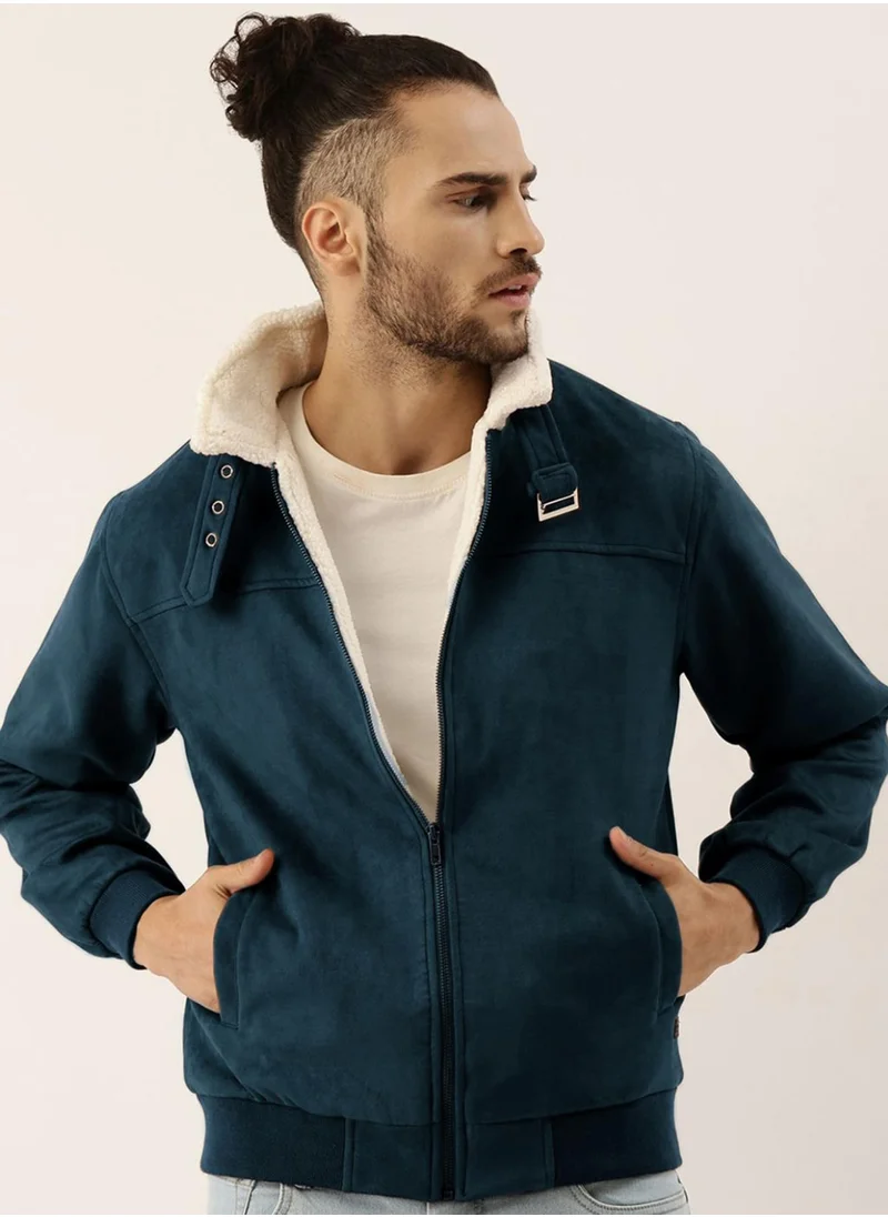 Campus Sutra Men's Saltbox Blue Fur-Lined Suede Bomber Jacket