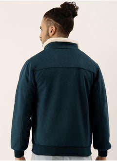 Campus Sutra Men's Saltbox Blue Fur-Lined Suede Bomber Jacket  - Image 5
