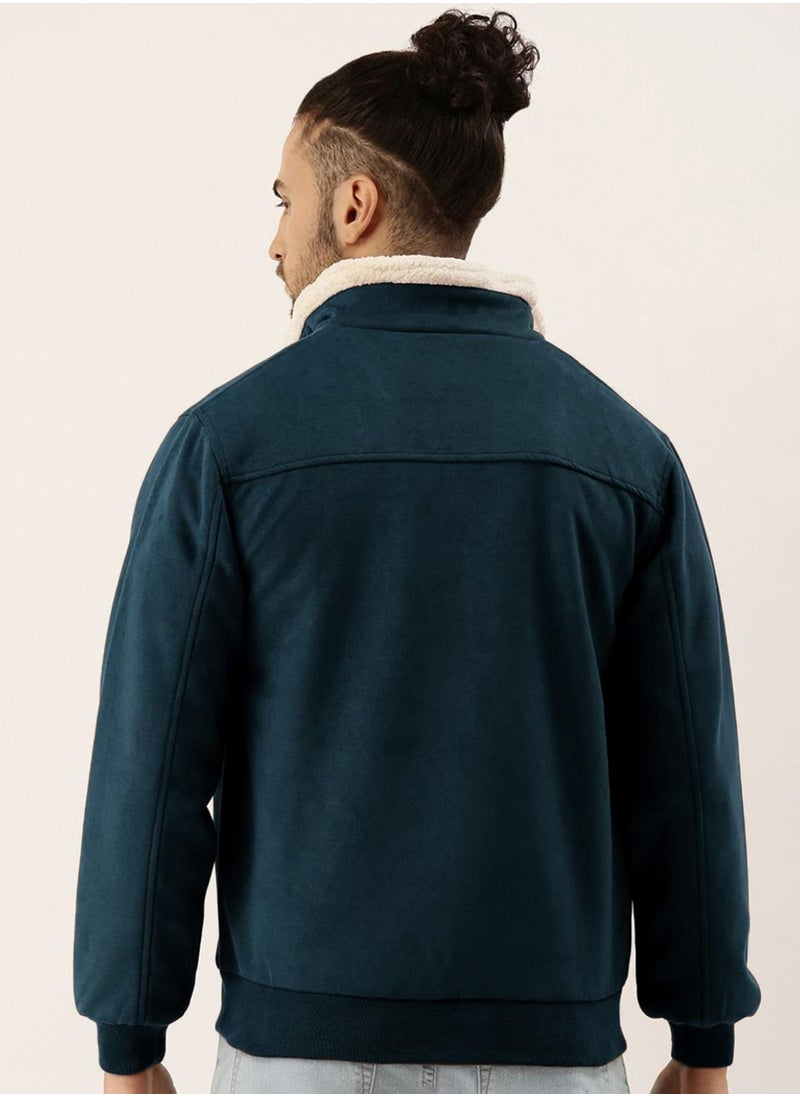 Campus Sutra Men's Saltbox Blue Fur-Lined Suede Bomber Jacket  - Image 5