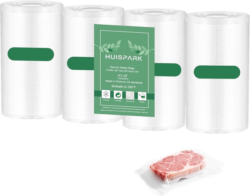 HUISPARK Pre-Cut Perforated Vacuum Sealer Bags Rolls,4x6 Inch Heavy-Duty Vacuum Sealer Roll Bags 4 Rolls 160 Tear Off Bags,Easy-Tear Food Grade Storage Bags for Sous Vide, Freezer & Meat (BPA Free) - Image 1