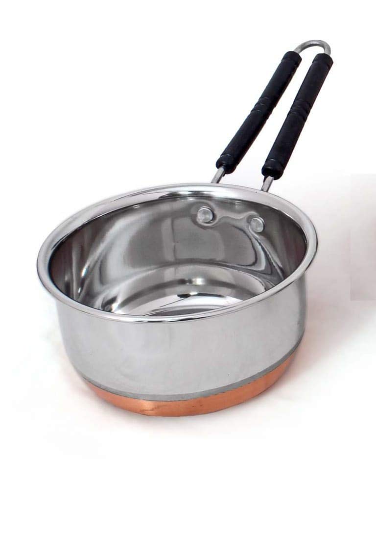 RJ kitchenware Store Stainless Steel Copper Coated Coper Bottom Flat Base Sauce Pan, Milk & Tea Coffee Pot Tapeli Patila Cookware Container with Handle 2.2 Litre - Image 5