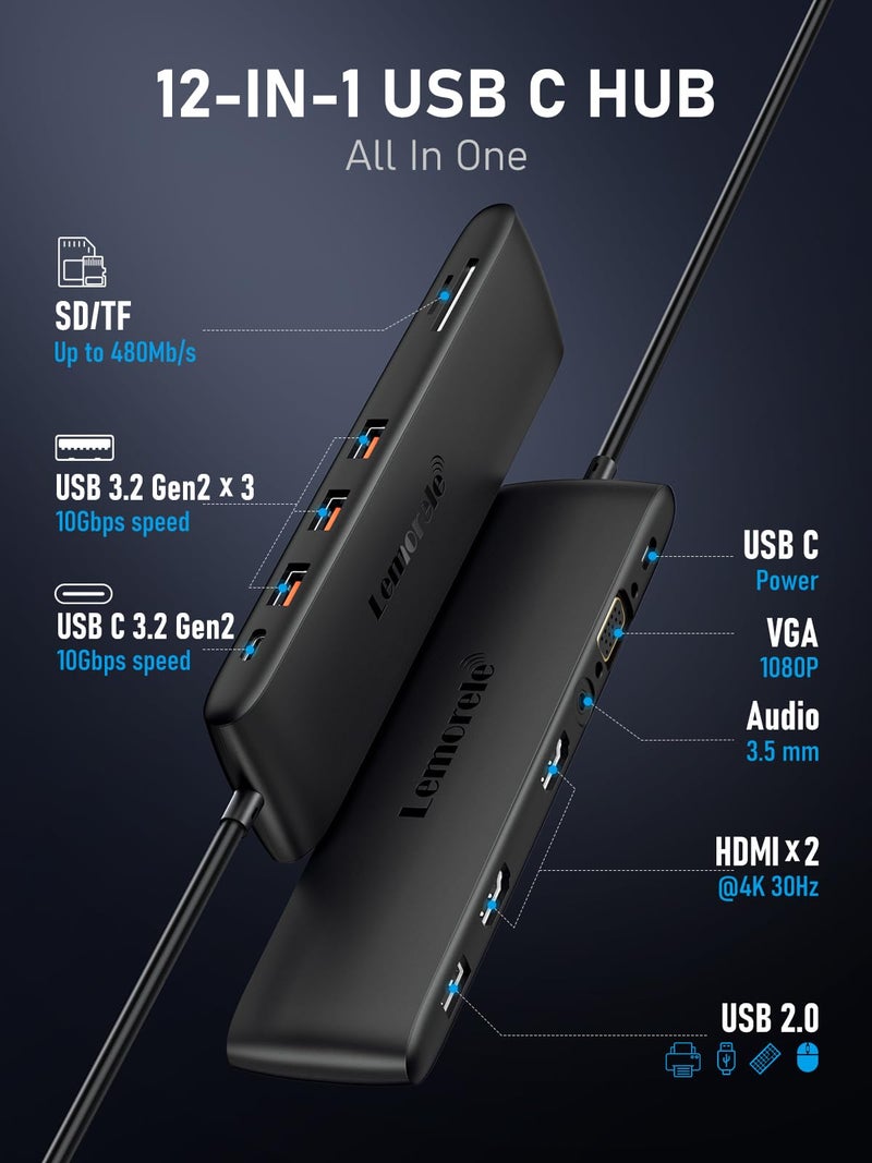 Lemorele 12-in-1 Docking Station 10Gbps, Triple Display with HDMI+VGA, 3 USB-A 3.2 Gen2 Ports, 100W PD Fast Charging, SD/TF Card Slots, Compatible with Dell, Lenovo, Surface Laptops - Image 2