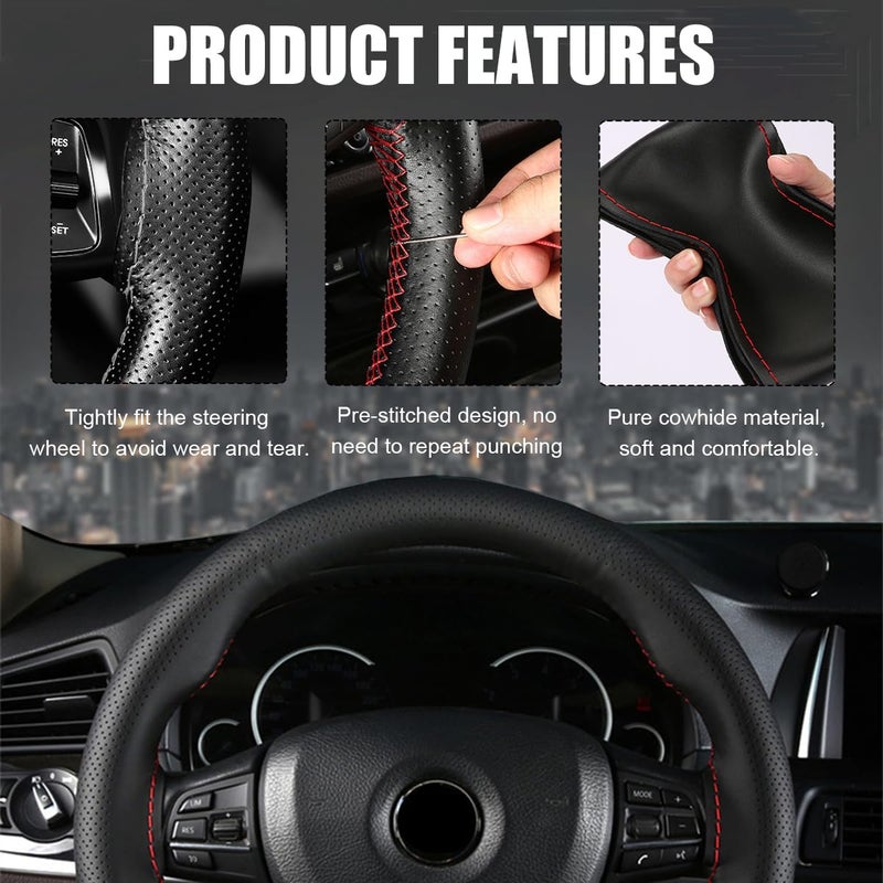 Wevdn Genuine Leather Steering Wheel Cover, Stitch on Wrap, DIY Sewing Steering Wheel Protector, 15 Inch Breathable Non-Slip Steering Wheel Protector, Car Accessories (Black, Full Hole) - Image 3
