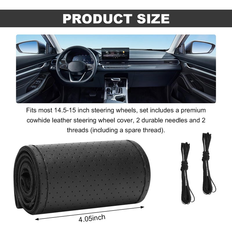 Wevdn Genuine Leather Steering Wheel Cover, Stitch on Wrap, DIY Sewing Steering Wheel Protector, 15 Inch Breathable Non-Slip Steering Wheel Protector, Car Accessories (Black, Full Hole) - Image 2