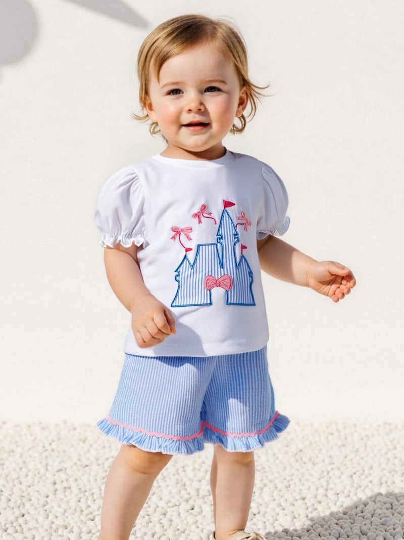 Toddler Girls Summer Outfit Bow Embroidery Short Sleeves T-Shirt and Elastic Striped Shorts Set Cute 2 Piece Clothes - Image 3