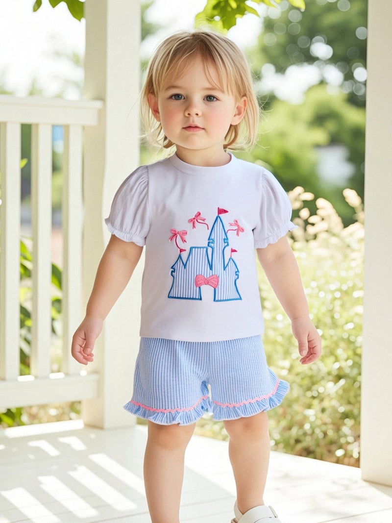 Toddler Girls Summer Outfit Bow Embroidery Short Sleeves T-Shirt and Elastic Striped Shorts Set Cute 2 Piece Clothes - Image 4