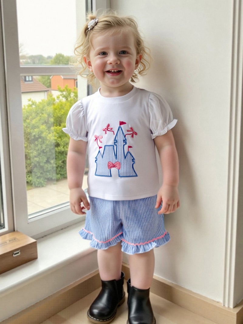 Toddler Girls Summer Outfit Bow Embroidery Short Sleeves T-Shirt and Elastic Striped Shorts Set Cute 2 Piece Clothes - Image 5