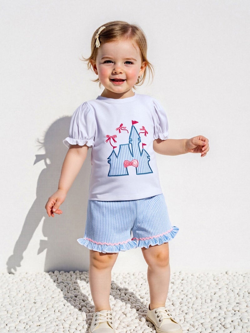 Toddler Girls Summer Outfit Bow Embroidery Short Sleeves T-Shirt and Elastic Striped Shorts Set Cute 2 Piece Clothes - Image 1