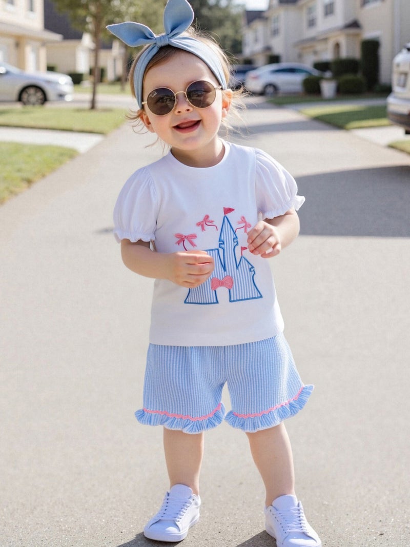 Toddler Girls Summer Outfit Bow Embroidery Short Sleeves T-Shirt and Elastic Striped Shorts Set Cute 2 Piece Clothes - Image 2