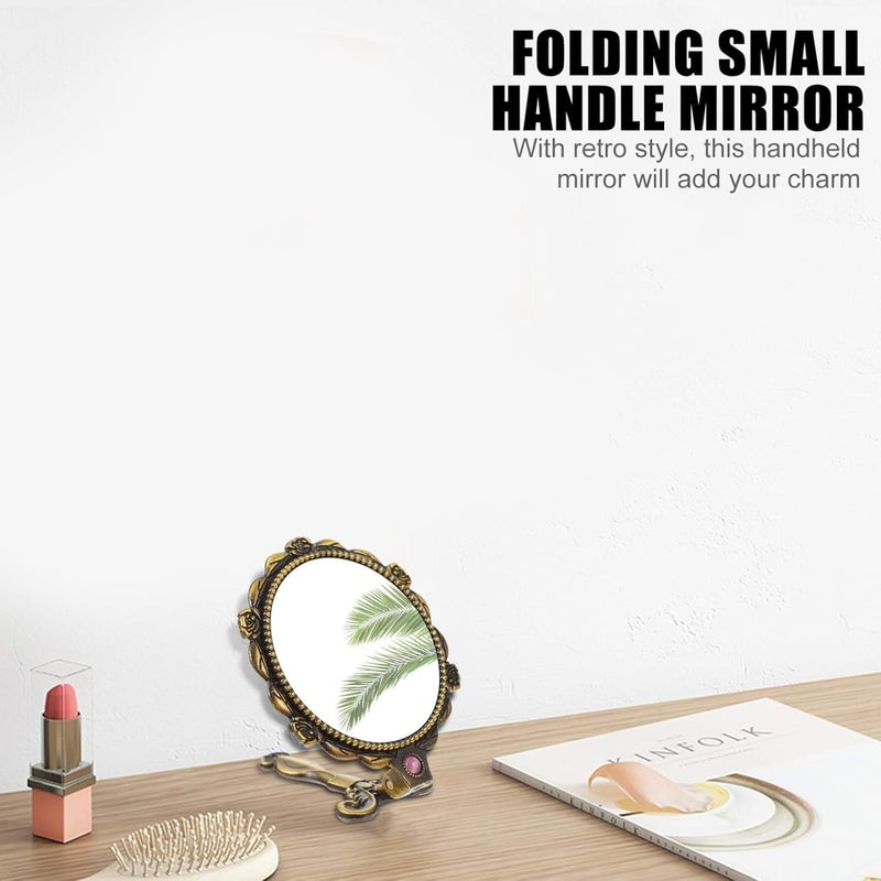 Thea Vintage Handheld Mirror Retro Foldable Metal Portable Cosmetic Mirror for Women Girls Travel Makeup Mirror Hand Mirror Makeup Tool - Image 3