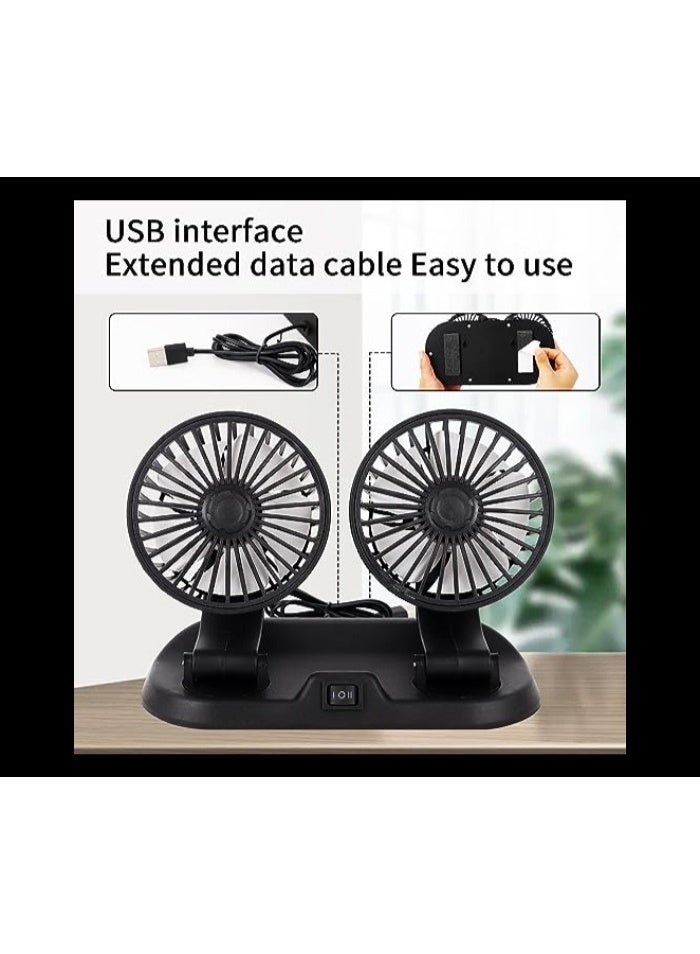 مروحة سيارة مزدوجة الرأس قابلة للطي، تدور 360 درجة، تعمل بمنفذ USB، لتبريد لوحة القيادة، لون أسود - Image 4