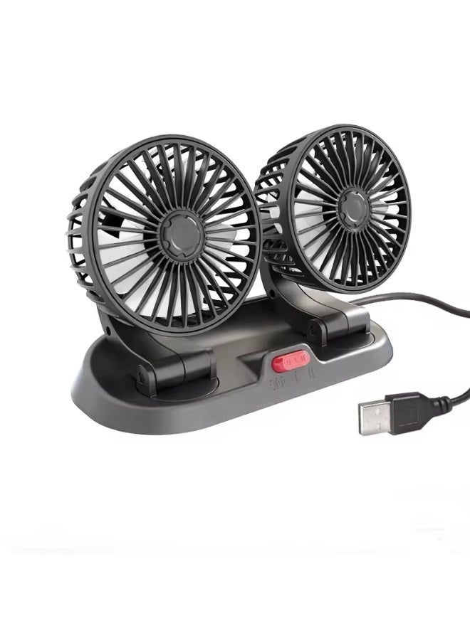 مروحة سيارة مزدوجة الرأس قابلة للطي، تدور 360 درجة، تعمل بمنفذ USB، لتبريد لوحة القيادة، لون أسود - Image 1