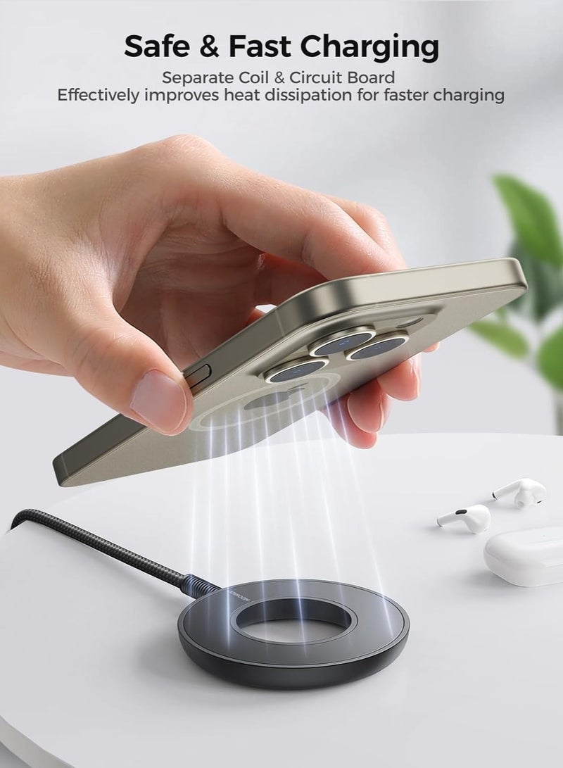 KASTWAVE Magnetic Wireless Charger, Charging Station, Hollow Design Wireless Charger Compatible with MagSafe Charger/iPhone 15/14/13/12 Series, Magnetic Charger Pad, Charger Stand with Dual Ports Braided Cable - Image 2