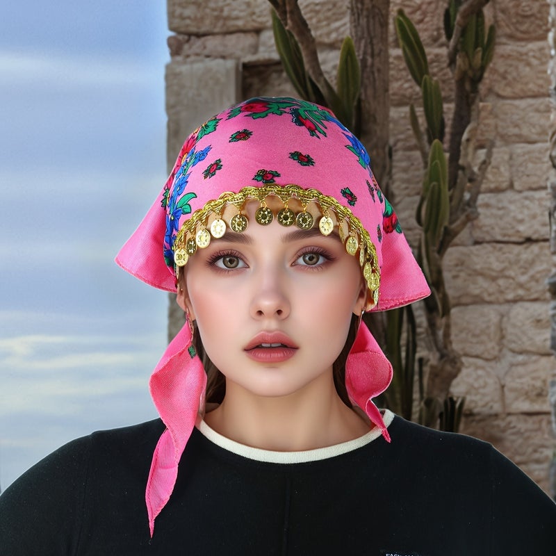 Fashionable Peony Headscarf with Luxurious Gold Sequin Accessories - Breathable, Dustproof, Lightweight Summer Wrap for Women - Image 1