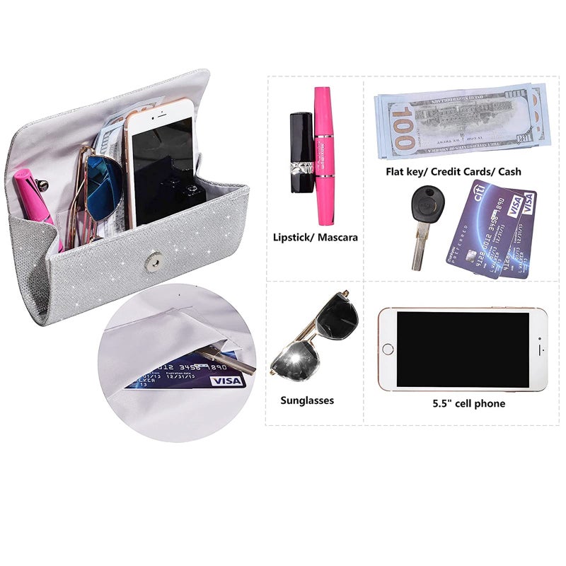 Outrip Women's Evening Bag Clutch Purse Glitter Party Wedding Handbag with Chain (Silver) - Image 2