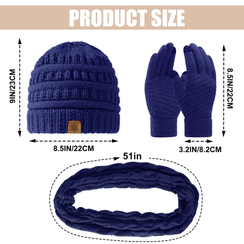 Pleneal Winter Beanie Hat Scarf Gloves Set, Thick Warm Knit Winter Skull Cap Touch Screen Gloves Neck Scarf for Women Men 6 Navy - Image 3