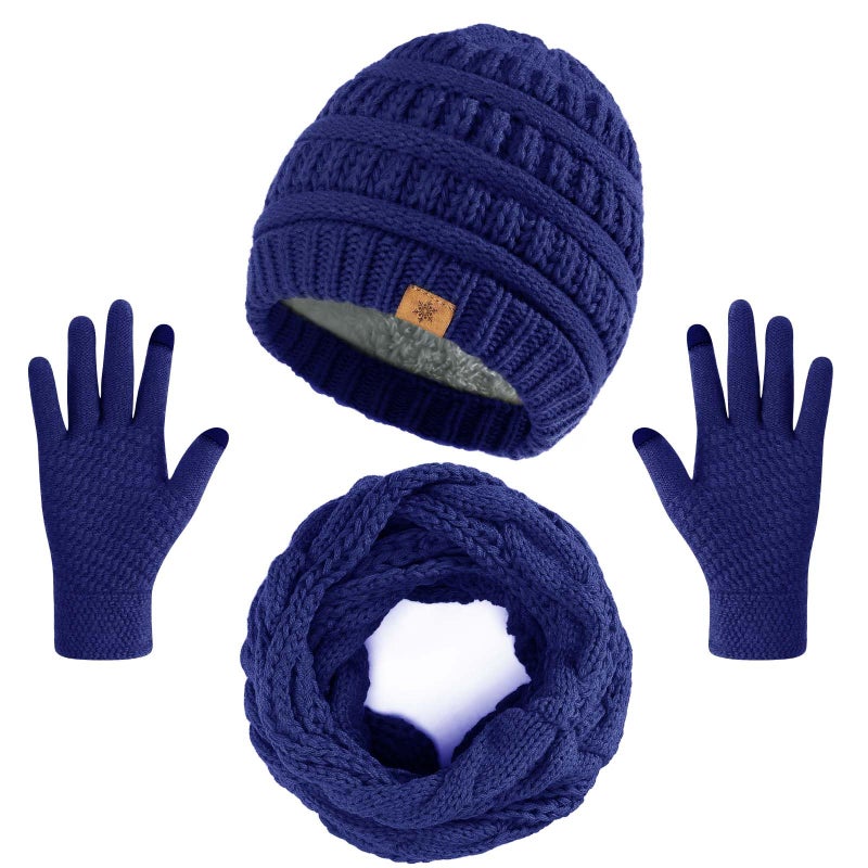 Pleneal Winter Beanie Hat Scarf Gloves Set, Thick Warm Knit Winter Skull Cap Touch Screen Gloves Neck Scarf for Women Men 6 Navy - Image 1
