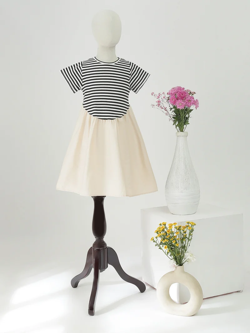 globus Globus Girls White Striped Round Neck Gathered Detail Fit & Flare Mini Dress