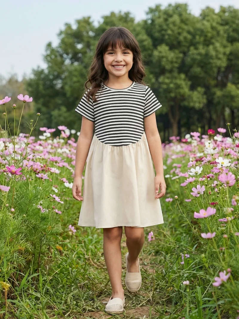 جلو باص Globus Girls White Striped Round Neck Gathered Detail Fit & Flare Mini Dress