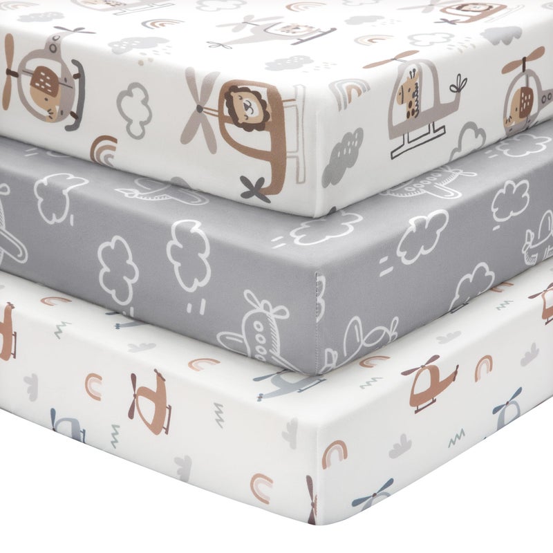 FIEMOL Baby Crib Sheets for Boys and Girls, 3 Pack Toddler Bed Sheets for 52â€x28â€ Standard Toddler Mattresses, Soft Microfiber Fitted Crib Sheets Neutral Grey Helicopter - Image 1