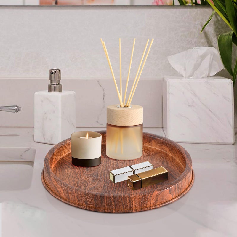 Lobolighting Round Decorative Serving Tray - Modern Farmhouse Style Handcrafted Wood Grain Color Metal Tray, Versatile Centerpiece for Coffee Table, Living Room, Dining or Entryway Home Decor - Image 5