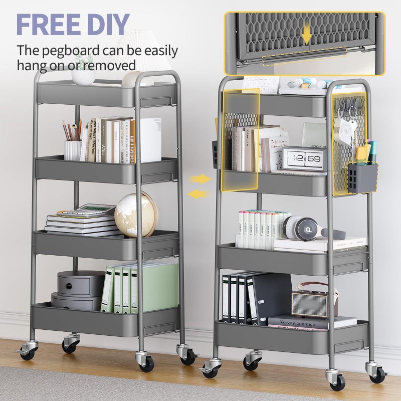 TOOLF 4 Tier Rolling Cart with Pegboard, Metal Storage Organizer Cart with Wheels, Hooks & Bins Esthetician Craft Art Sturdy Storage for Bathroom, Kitchen, Office, Nursery Diaper - Image 2