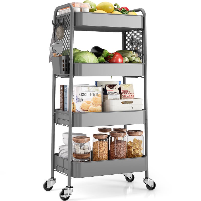 TOOLF 4 Tier Rolling Cart with Pegboard, Metal Storage Organizer Cart with Wheels, Hooks & Bins Esthetician Craft Art Sturdy Storage for Bathroom, Kitchen, Office, Nursery Diaper - Image 1