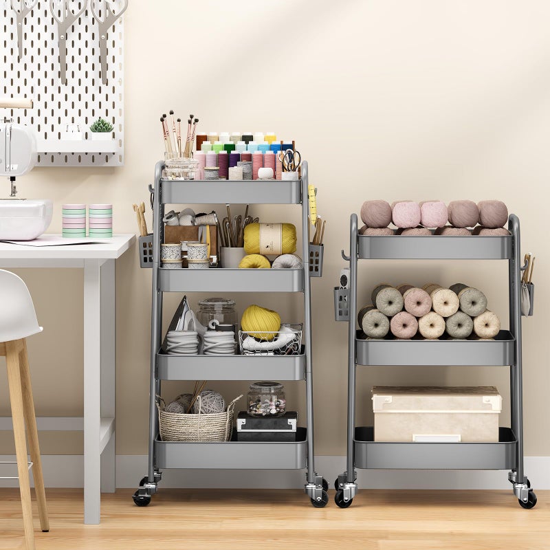 TOOLF 4 Tier Rolling Cart with Pegboard, Metal Storage Organizer Cart with Wheels, Hooks & Bins Esthetician Craft Art Sturdy Storage for Bathroom, Kitchen, Office, Nursery Diaper - Image 4