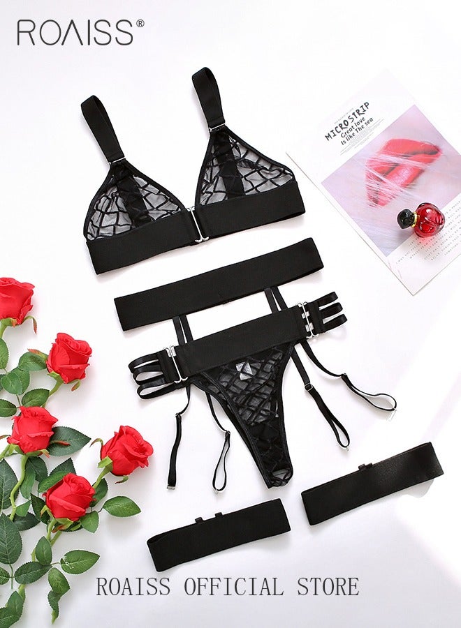 roaiss 3Pcs Mesh Underwear Set for Women Summer Maid Tight Waist Lingerie Suit Ladies Adjustible Wide Shoulder Straps Hollow Includes Garters  - Image 1